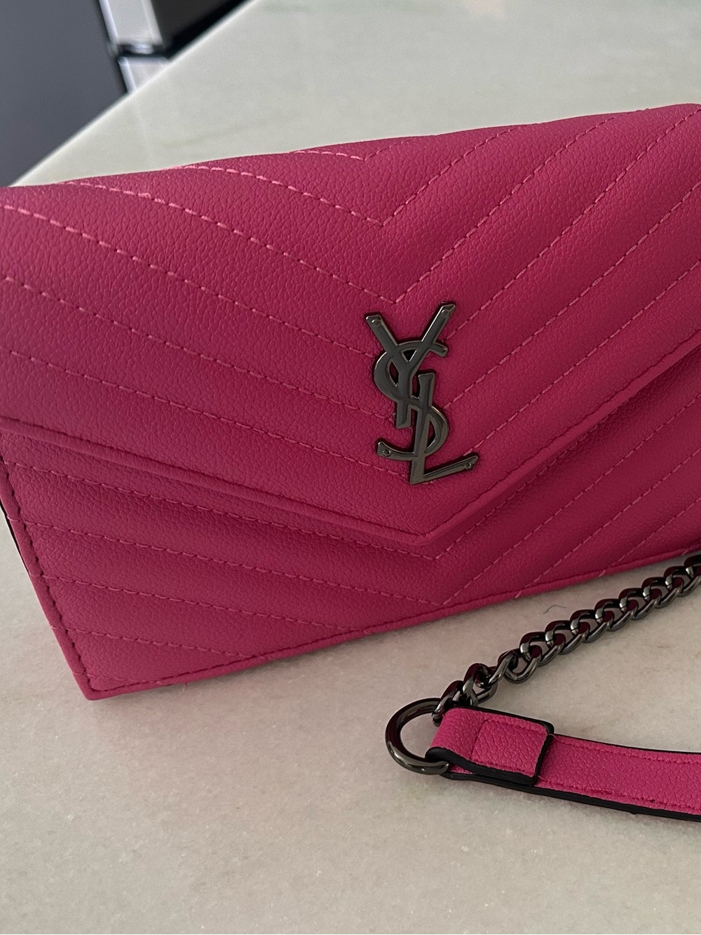 Designer Inspired Quilted Pink Fuchsia Crossbody Bag with Chain Strap - Picture 2 of 3